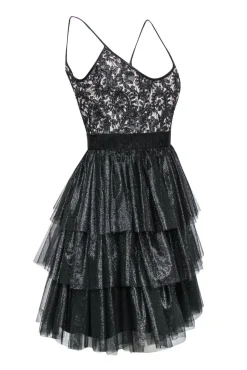 Badgley Mischka - Black & Nude Lace Fit & Flare Dress w/ Sparkly Tulle Skirt Sz 4