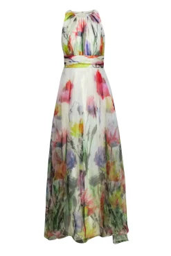 Badgley Mischka - Cream & Multicolor Floral Print Gown Sz 2