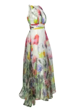 Badgley Mischka - Cream & Multicolor Floral Print Gown Sz 2