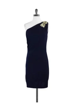 Badgley Mischka - Navy Embellished One Shoulder Dress Sz 8