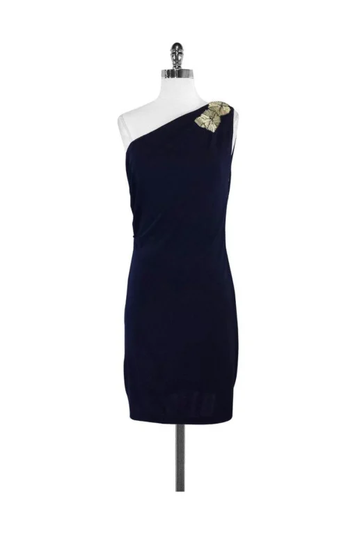 Badgley Mischka - Navy Embellished One Shoulder Dress Sz 8