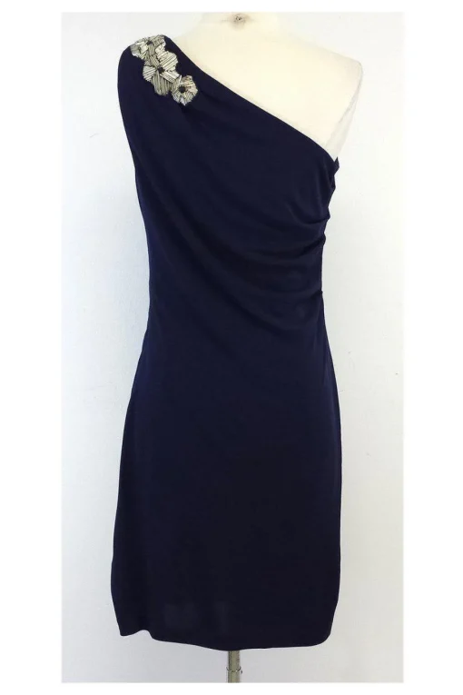 Badgley Mischka - Navy Embellished One Shoulder Dress Sz 8