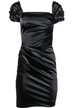 Badgley Mischka Collection - Black Sheath Dress w/ Rhinestone Sleeves Sz 0
