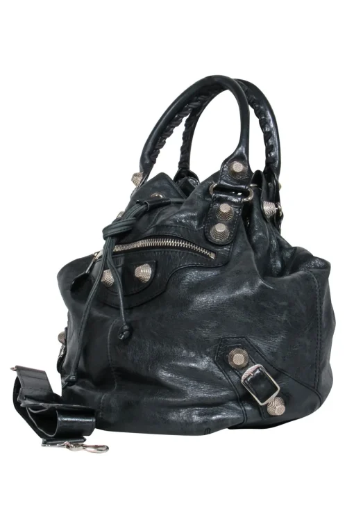 Balenciaga - Black Leather Studded Motorcross Pompon Bucket Bag