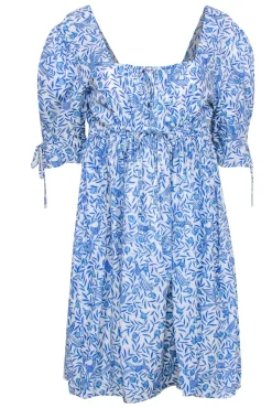 Banjanan - Blue & White Textured Bird & Leaf Print Babydoll Dress Sz L