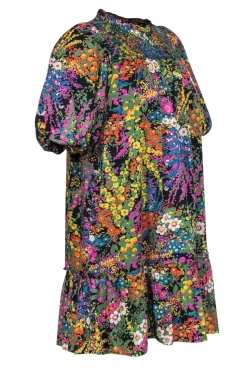 Banjanan - Green, Purple, & Black Floral Drop Waist Cotton Dress Sz XS