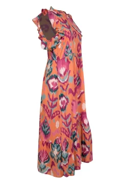 Banjanan - Orange, Magenta & Teal Ikat Print Midi Dress Sz L