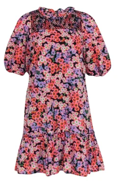Banjanan - Pink, Orange, & Black Floral Print Puff Sleeve Dress Sz S