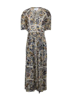 Ba&sh - Beige w/ Navy & Yellow Floral Paisley Print Tiered Maxi Dress Sz M
