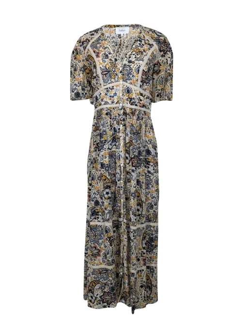 Ba&sh - Beige w/ Navy & Yellow Floral Paisley Print Tiered Maxi Dress Sz M