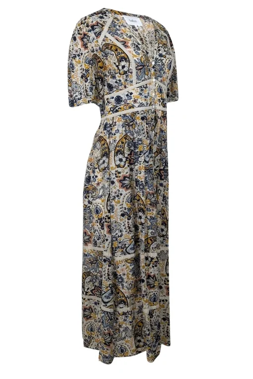 Ba&sh - Beige w/ Navy & Yellow Floral Paisley Print Tiered Maxi Dress Sz M