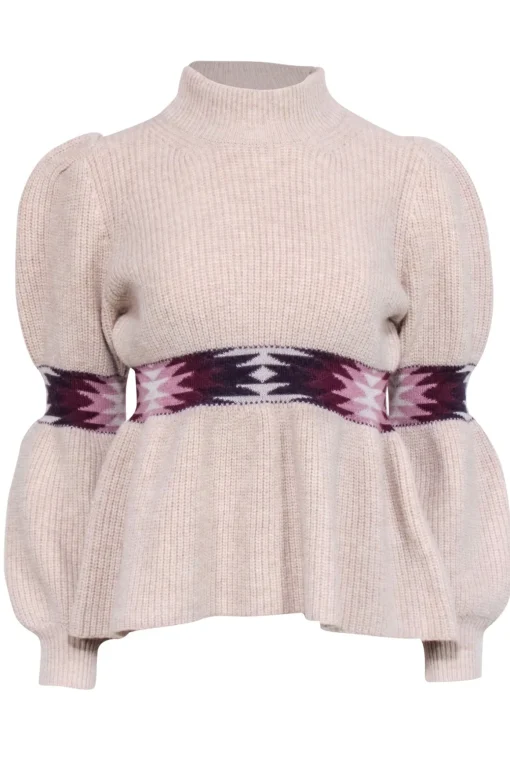Ba&sh - Beige Wool Blend Mock Neck Peplum Sweater w/ Geometric Print Sz S
