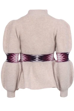 Ba&sh - Beige Wool Blend Mock Neck Peplum Sweater w/ Geometric Print Sz S
