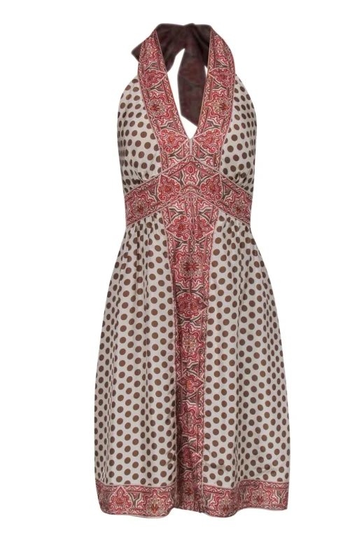 BCBG Max Azria - Beige & Brown Polka Dot Print Halter Dress Sz 12
