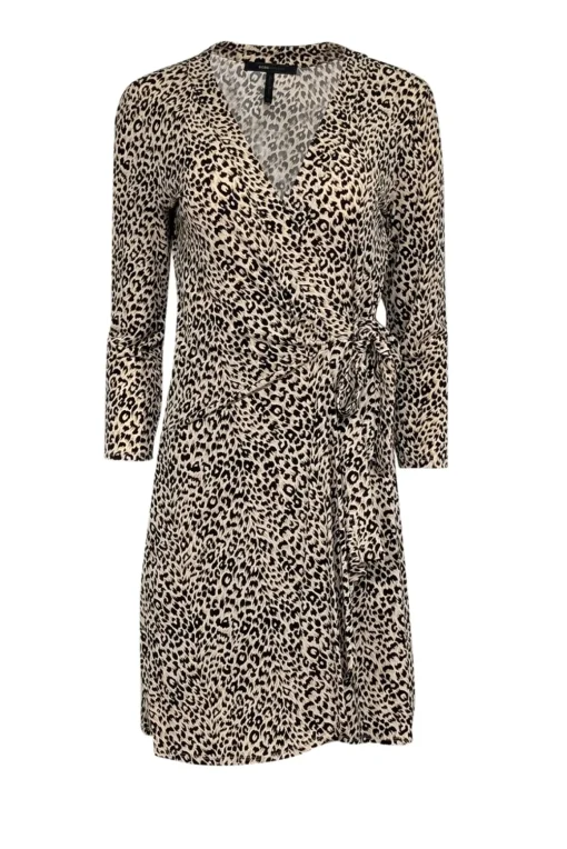 BCBG Max Azria - Beige, Tan, & Black Leopard Print Long Sleeve Wrap Dress Sz M