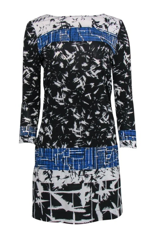 BCBG Max Azria - Black & Blue Abstract Print Silk Dress Sz XS