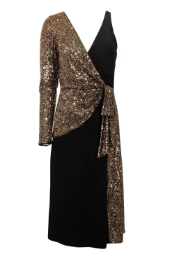 BCBG Max Azria - Black & Copper Sequin One Sleeve w/ Slit Midi Dress Sz S