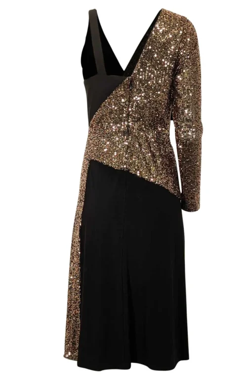 BCBG Max Azria - Black & Copper Sequin One Sleeve w/ Slit Midi Dress Sz S