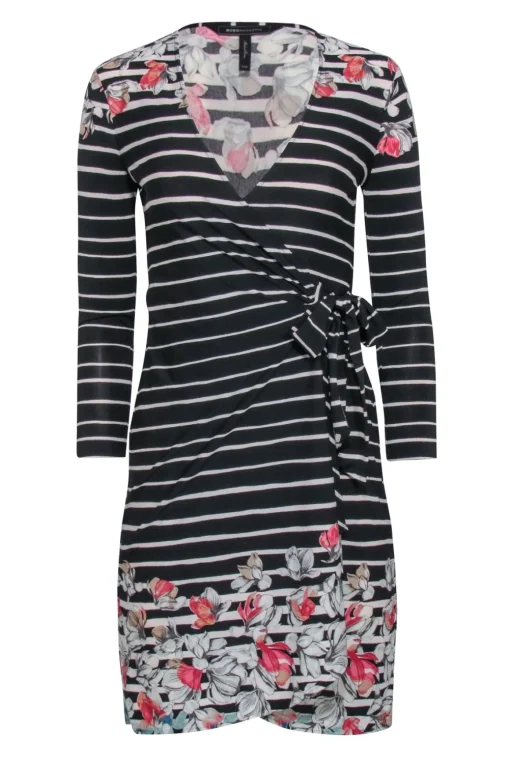 BCBG Max Azria - Black & Cream Stripe Dress w/ Floral Print Sz XXS