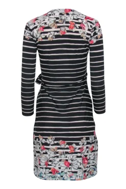 BCBG Max Azria - Black & Cream Stripe Dress w/ Floral Print Sz XXS