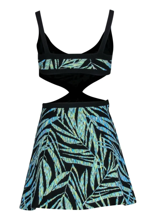 BCBG Max Azria - Black & Green Leaf Print Knit Mini Dress w/ Cutouts Sz XXS