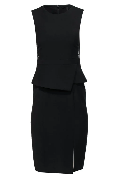 BCBG Max Azria - Black Peplum Sheath Midi Dress w/ Metallic Lace Sz 0