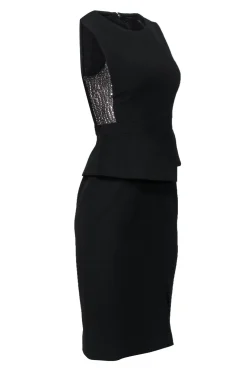 BCBG Max Azria - Black Peplum Sheath Midi Dress w/ Metallic Lace Sz 0