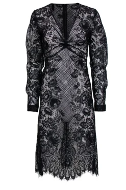 BCBG Max Azria - Black Sheer Lace Midi Dress w/ Knotted Waist Sz 2