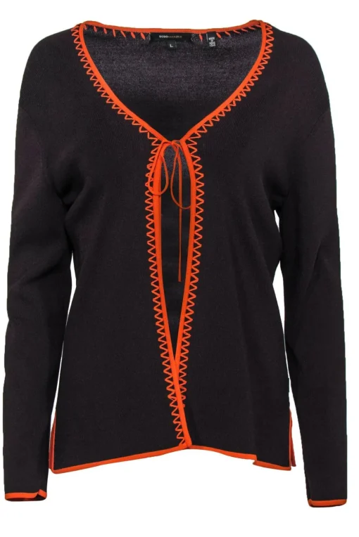 BCBG Max Azria - Brown Tie Front Cardigan w/ Orange Trim Sz L