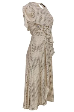 BCBG Max Azria - Cream & Navy Floral Polka Dot Ruffle Faux Wrap Dress Sz XXS