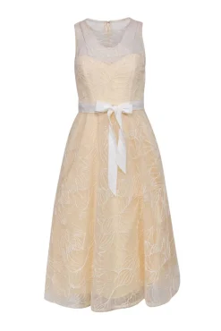 BCBG Max Azria - Cream Midi Dress w/ Metallic Floral Embroidered Tulle Overlay Sz 2