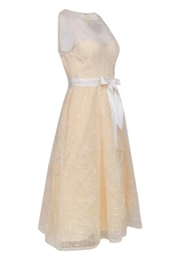 BCBG Max Azria - Cream Midi Dress w/ Metallic Floral Embroidered Tulle Overlay Sz 2