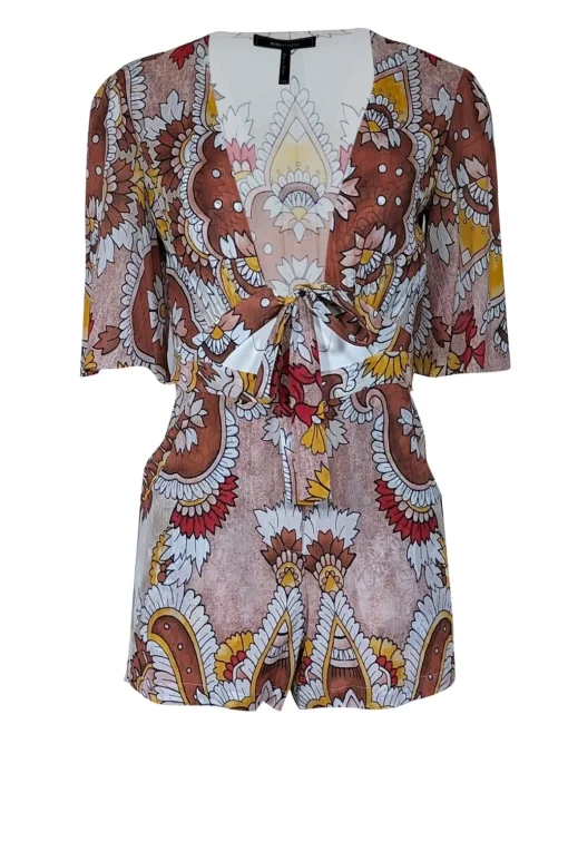 BCBG Max Azria - Dusty Red, Yellow, & Ivory Paisley Print Romper Sz XXS