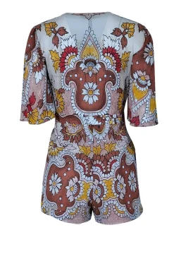 BCBG Max Azria - Dusty Red, Yellow, & Ivory Paisley Print Romper Sz XXS