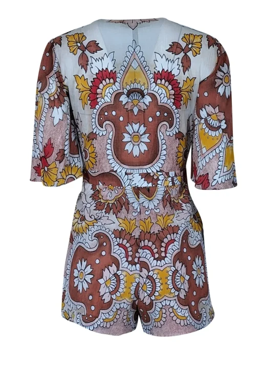 BCBG Max Azria - Dusty Red, Yellow, & Ivory Paisley Print Romper Sz XXS