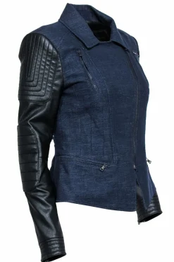 BCBG Max Azria - Navy & Black Denim Moto Jacket w/ Faux Leather Sz S