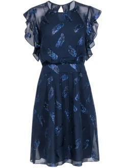 BCBG Max Azria - Navy Blue Flutter Sleeve Dress w/ Metallic Feather Print Sz 8