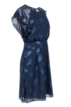 BCBG Max Azria - Navy Blue Flutter Sleeve Dress w/ Metallic Feather Print Sz 8