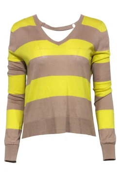 BCBG Max Azria - Neon Yellow & Tan Striped Sweater w/ Back Cutout Sz S