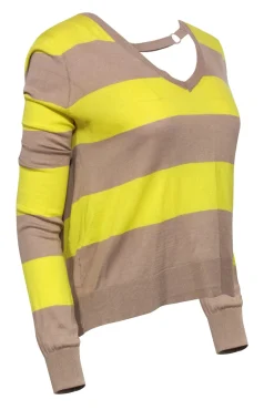 BCBG Max Azria - Neon Yellow & Tan Striped Sweater w/ Back Cutout Sz S