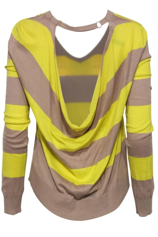 BCBG Max Azria - Neon Yellow & Tan Striped Sweater w/ Back Cutout Sz S