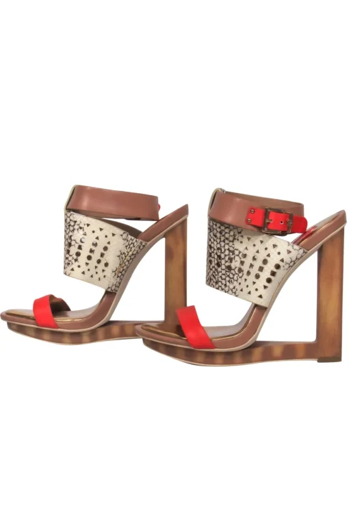 BCBG Max Azria - Orange & Snake Print Open Toe Wooden Hollow Wedge Sz 8