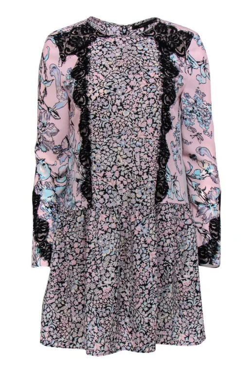 BCBG Max Azria - Pink, Blue & Black Floral Print Drop Waist "Bryanne" Dress Sz XS