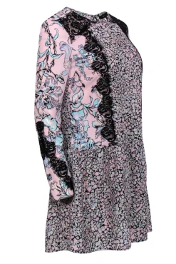 BCBG Max Azria - Pink, Blue & Black Floral Print Drop Waist "Bryanne" Dress Sz XS