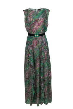 BCBG Max Azria - Purple & Green Spotted Ruffle Gown Sz XS