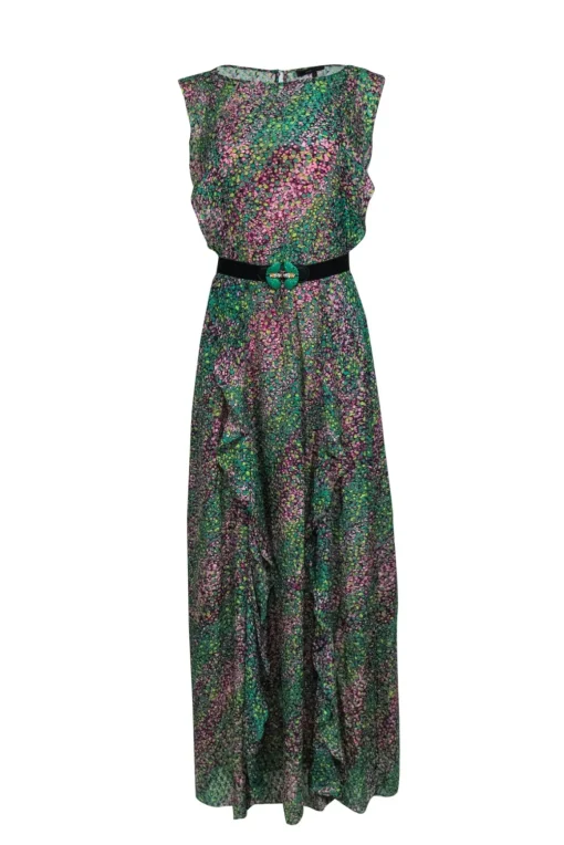 BCBG Max Azria - Purple & Green Spotted Ruffle Gown Sz XS