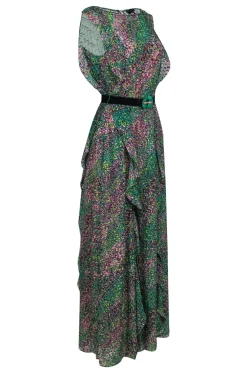 BCBG Max Azria - Purple & Green Spotted Ruffle Gown Sz XS