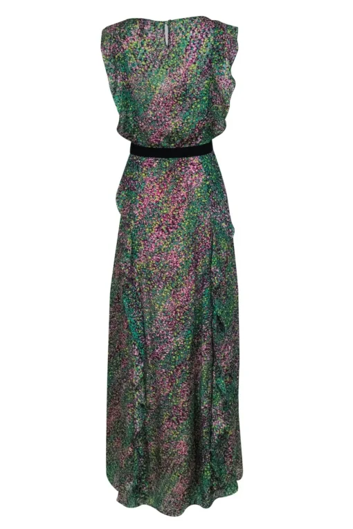BCBG Max Azria - Purple & Green Spotted Ruffle Gown Sz XS