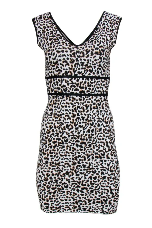 BCBG Max Azria - White, Black & Brown Leopard Print Sleeveless Bodycon Dress Sz S