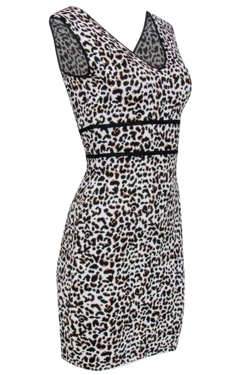 BCBG Max Azria - White, Black & Brown Leopard Print Sleeveless Bodycon Dress Sz S